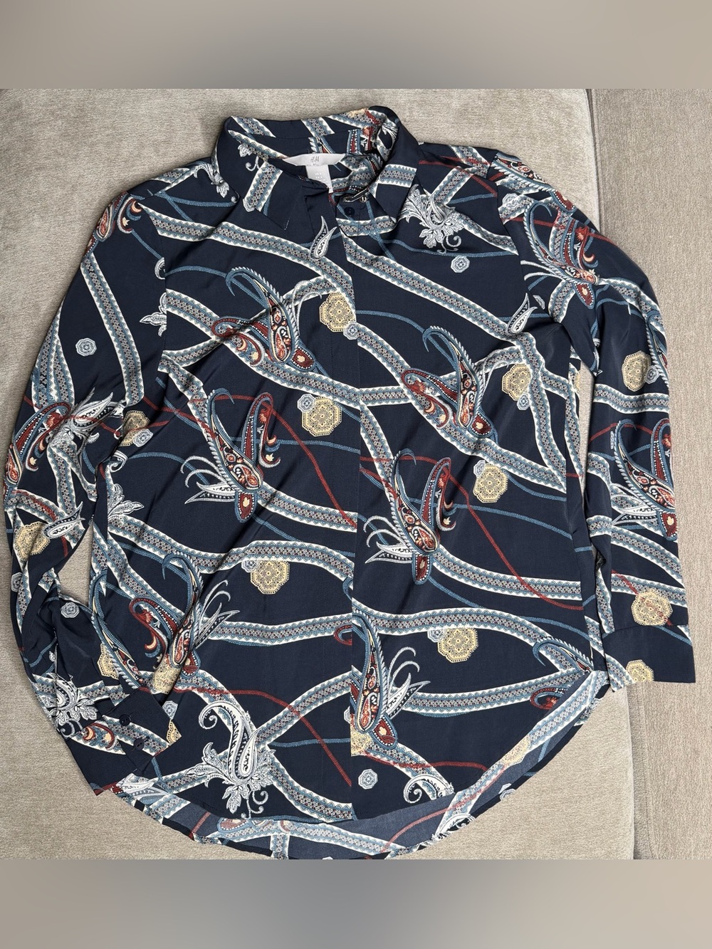 H&M Navy Paisley & Medallion Print Button-Down Blouse - Picture 3 of 4